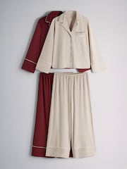 The Set 2 Pack Viscose Blend Button Through Long Pyjamas Red/Oat Marl - Image 1 of 7