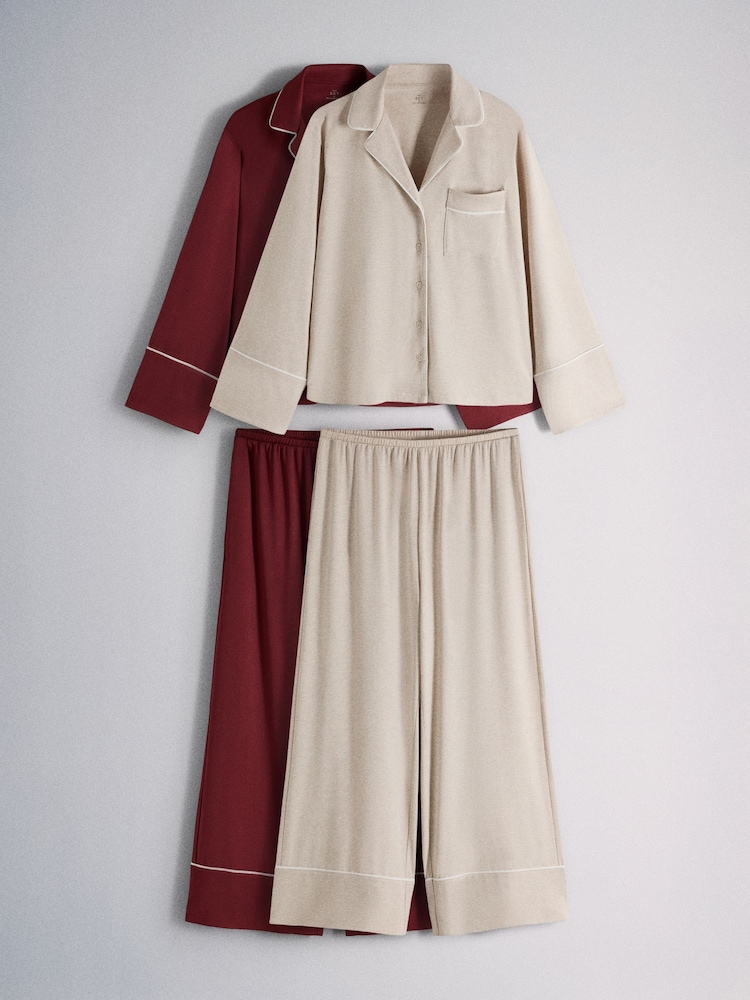 The Set 2 Pack Viscose Blend Button Through Long Pyjamas Red/Oat Marl - Image 1 of 7