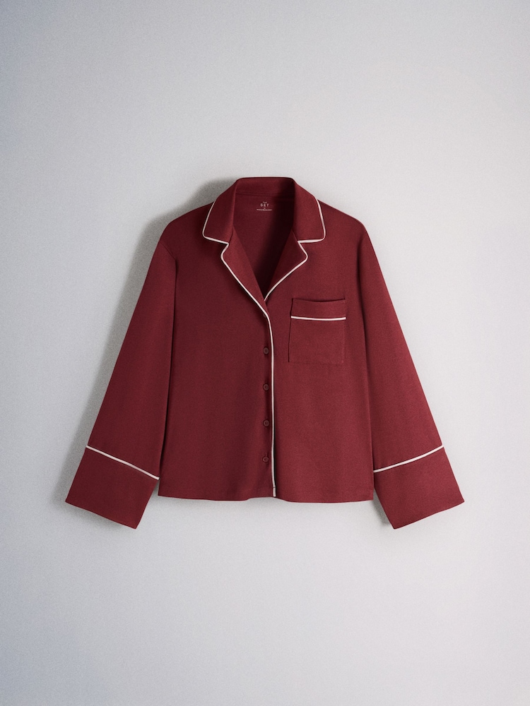 The Set 2 Pack Viscose Blend Button Through Long Pyjamas Red/Oat Marl - Image 2 of 7