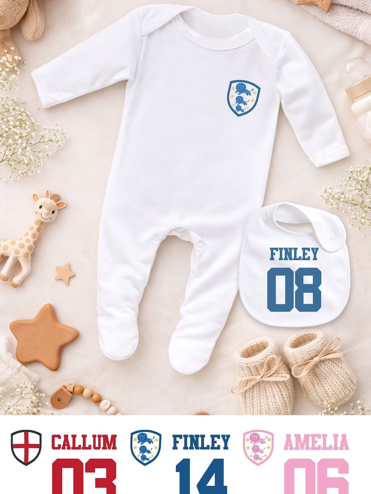 Personalised World Cup Three Lions Sleepsuit & Bib Set By Little Years - Image 1 of 4