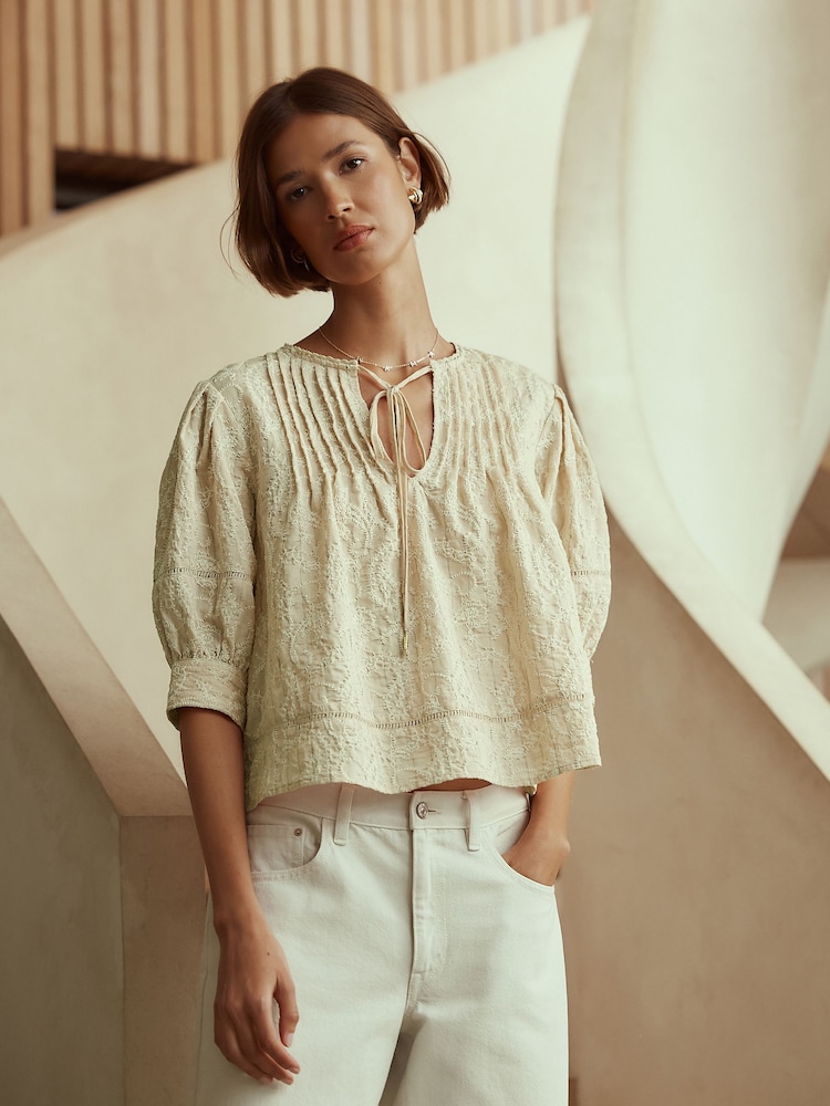 Pale Yellow Embroidered Paisley Tie-Neck Blouse - Image 1 of 4 Pale Yellow Embroidered Paisley Tie-Neck Blouse - Image 1 of 4