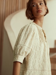 Pale Yellow Embroidered Paisley Tie-Neck Blouse - Image 2 of 4