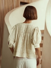 Pale Yellow Embroidered Paisley Tie-Neck Blouse - Image 3 of 4