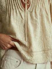 Pale Yellow Embroidered Paisley Tie-Neck Blouse - Image 4 of 4