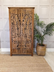 Kirei Home Natural Polished Hand Carved Mango Wood Armoire Storage Cabinet - Image 1 of 6