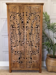 Kirei Home Natural Polished Hand Carved Mango Wood Armoire Storage Cabinet - Image 2 of 6