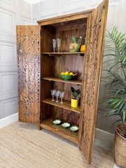 Kirei Home Natural Polished Hand Carved Mango Wood Armoire Storage Cabinet - Image 4 of 6