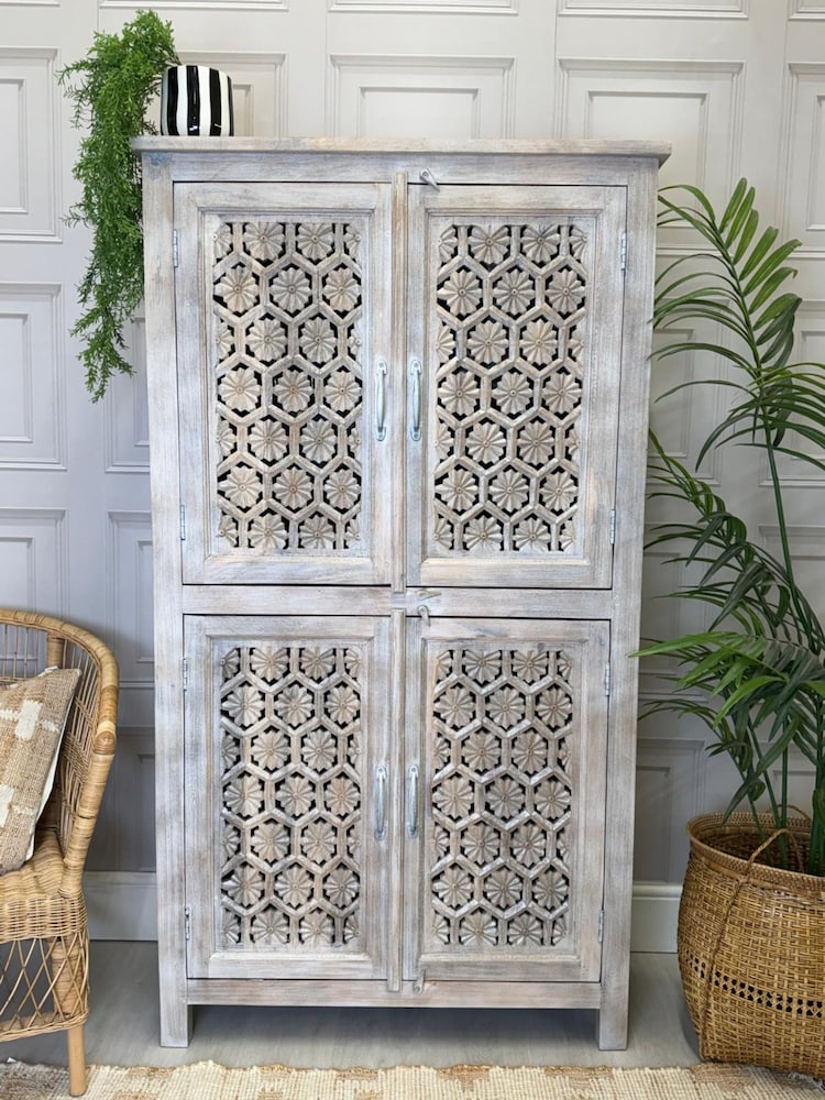 Kirei Home Creamwashed Hand Carved Mango Wood Jali Armoire - Image 1 of 4 Kirei Home Creamwashed Hand Carved Mango Wood Jali Armoire - Image 1 of 4