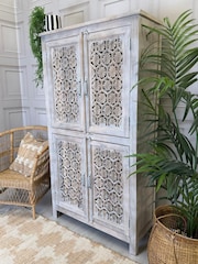 Kirei Home Creamwashed Hand Carved Mango Wood Jali Armoire - Image 2 of 4