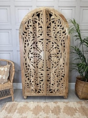 Kirei Home Light Natural Arched Hand Carved Mango Wood Armoire - Image 1 of 4