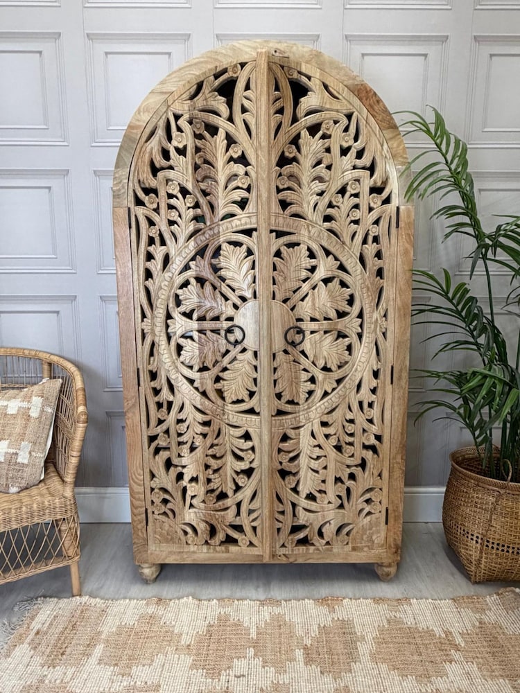 Kirei Home Light Natural Arched Hand Carved Mango Wood Armoire - Image 1 of 4 Kirei Home Light Natural Arched Hand Carved Mango Wood Armoire - Image 1 of 4