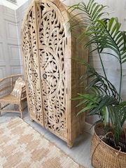 Kirei Home Light Natural Arched Hand Carved Mango Wood Armoire - Image 2 of 4