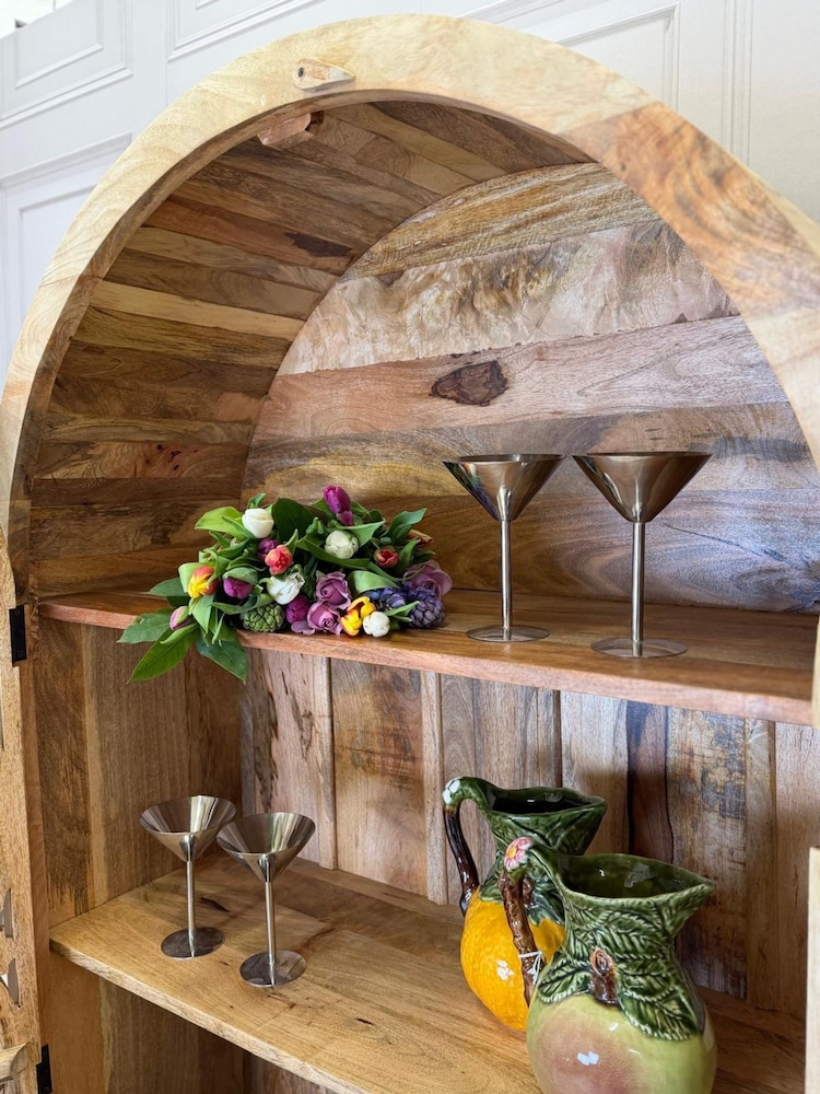 Kirei Home Light Natural Arched Hand Carved Mango Wood Armoire - Image 4 of 4 Kirei Home Light Natural Arched Hand Carved Mango Wood Armoire - Image 4 of 4