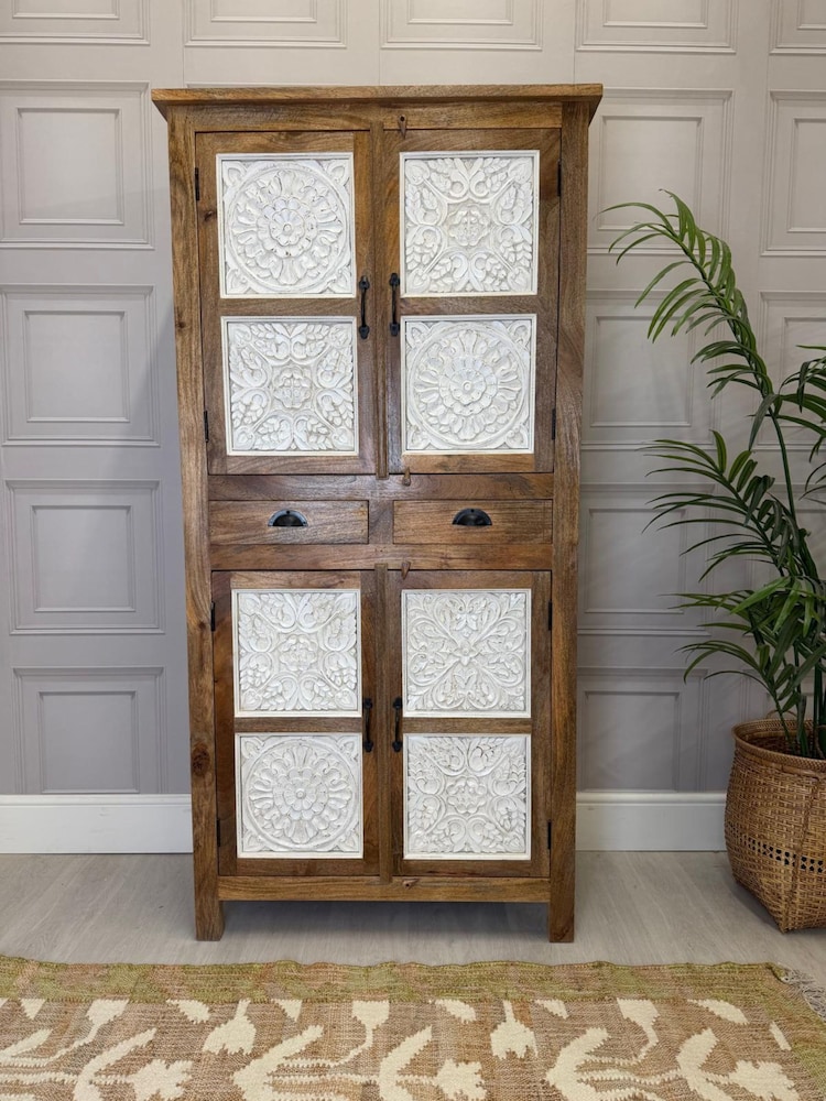 Kirei Home Natural Polished Whitewashed Four Door Mango Wood Carved Armoire - Image 1 of 5 Kirei Home Natural Polished Whitewashed Four Door Mango Wood Carved Armoire - Image 1 of 5