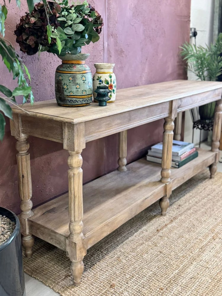 Kirei Home Natural Polished Hand Carved Mango Wood Console Table - Image 2 of 4