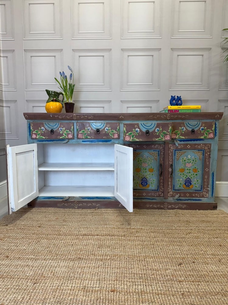 Kirei Home Blue Vintage Hand Painted Mango Wood Sideboard - Image 2 of 5