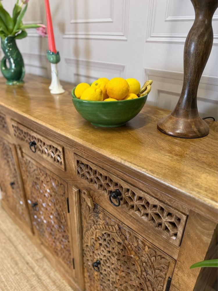 Kirei Home Natural Polished Three Door Three Drawer Mango Wood Sideboard - Image 4 of 4