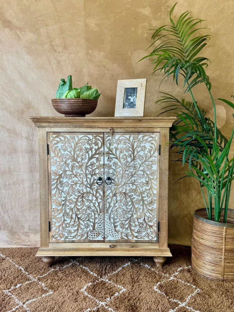 Kirei Home Natural Polished  Whitewashed Hand Carved Mango Wood Tree of Life Sideboard - Image 1 of 4