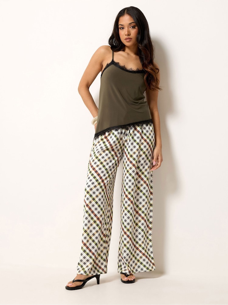 PixieGirl Petite Natural Gingham Wide Leg Trousers - Image 1 of 5