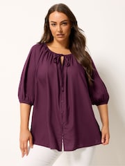 Yours Curve Purple 3/4 Sleeve Stripe Boho Blouse - Image 1 of 5