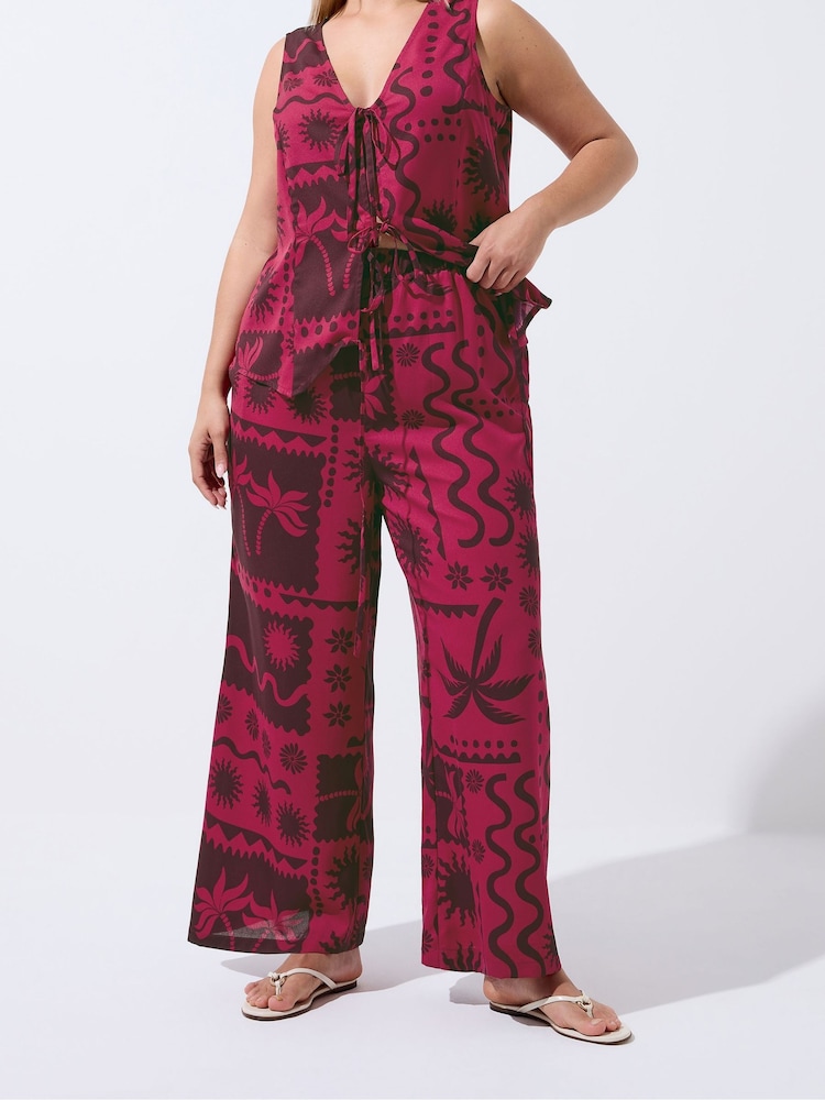 Yours Curve Red Limited Sun Print Trouser - Image 2 of 5