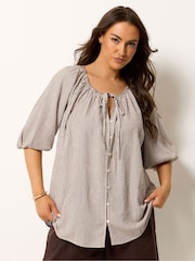 Yours Curve Brown 3/4 Sleeve Stripe Boho Blouse - Image 1 of 5
