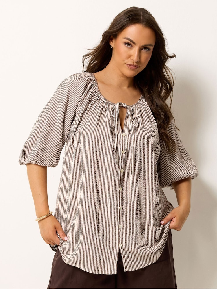Yours Curve Brown 3/4 Sleeve Stripe Boho Blouse - Image 1 of 5