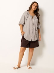 Yours Curve Brown 3/4 Sleeve Stripe Boho Blouse - Image 2 of 5