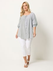 Yours Curve Blue 3/4 Sleeve Stripe Boho Blouse - Image 2 of 5