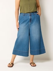 Yours Curve Blue Deep Hem Wide Leg Cropped Trousers - Image 1 of 6