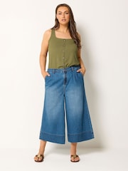 Yours Curve Blue Deep Hem Wide Leg Cropped Trousers - Image 3 of 6