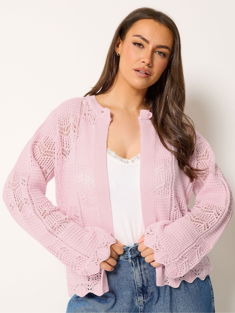 Yours Curve Pink Crochet Cardigan - Image 1 of 5 Yours Curve Pink Crochet Cardigan - Image 1 of 5