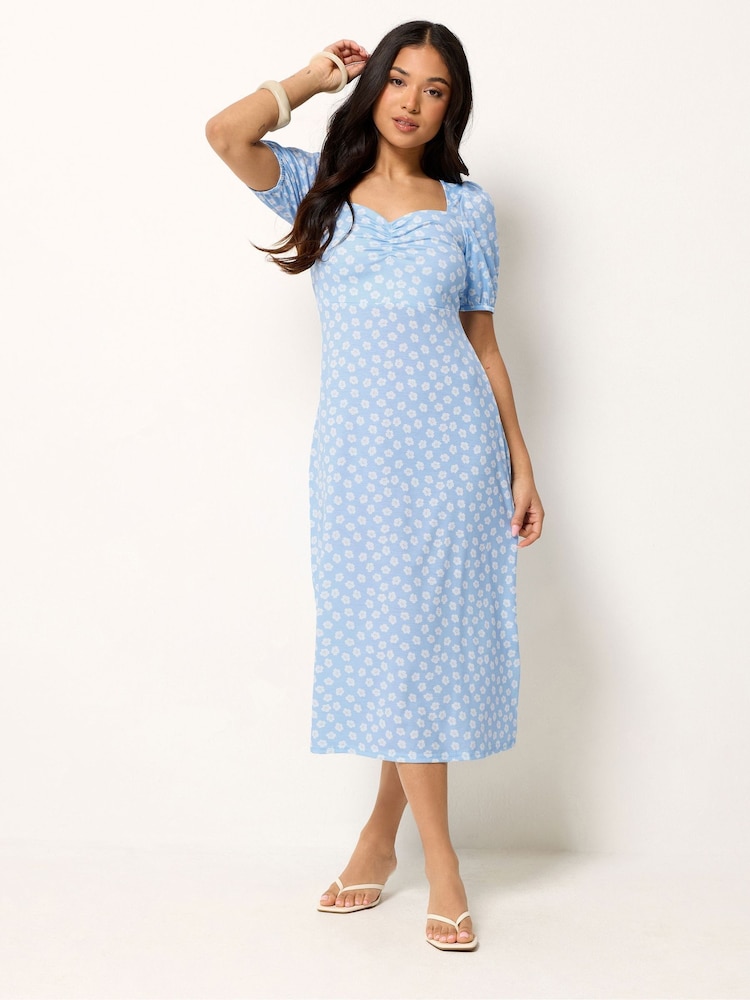 PixieGirl Petite Blue Daisy Ruched Bust Midi Dress - Image 1 of 5 PixieGirl Petite Blue Daisy Ruched Bust Midi Dress - Image 1 of 5