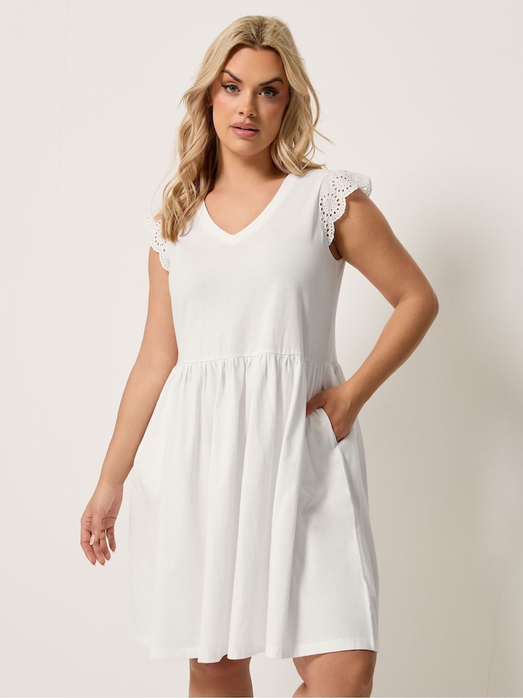 Yours Curve White Broderie Sleeve Short Dress - Image 1 of 5