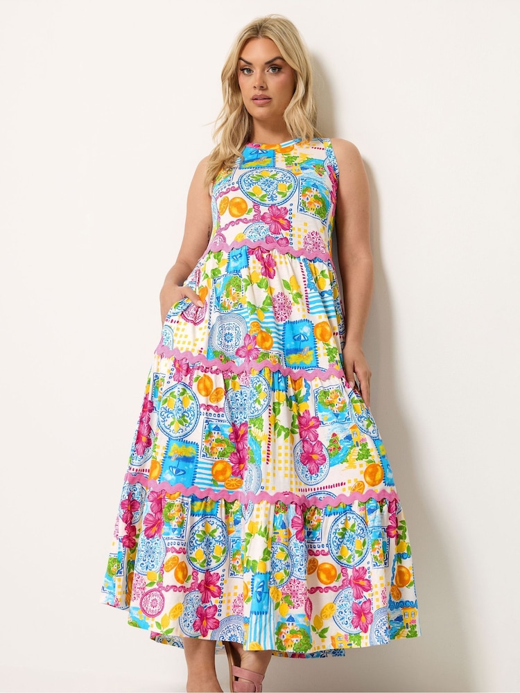 Yours Curve White All Over Tile Print Contrast Trim Dress - Image 1 of 4