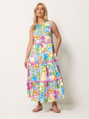 Yours Curve White All Over Tile Print Contrast Trim Dress - Image 3 of 4