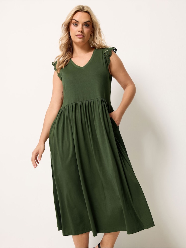 Yours Curve Green Broderie Sleeve Midaxi Dress - Image 2 of 5