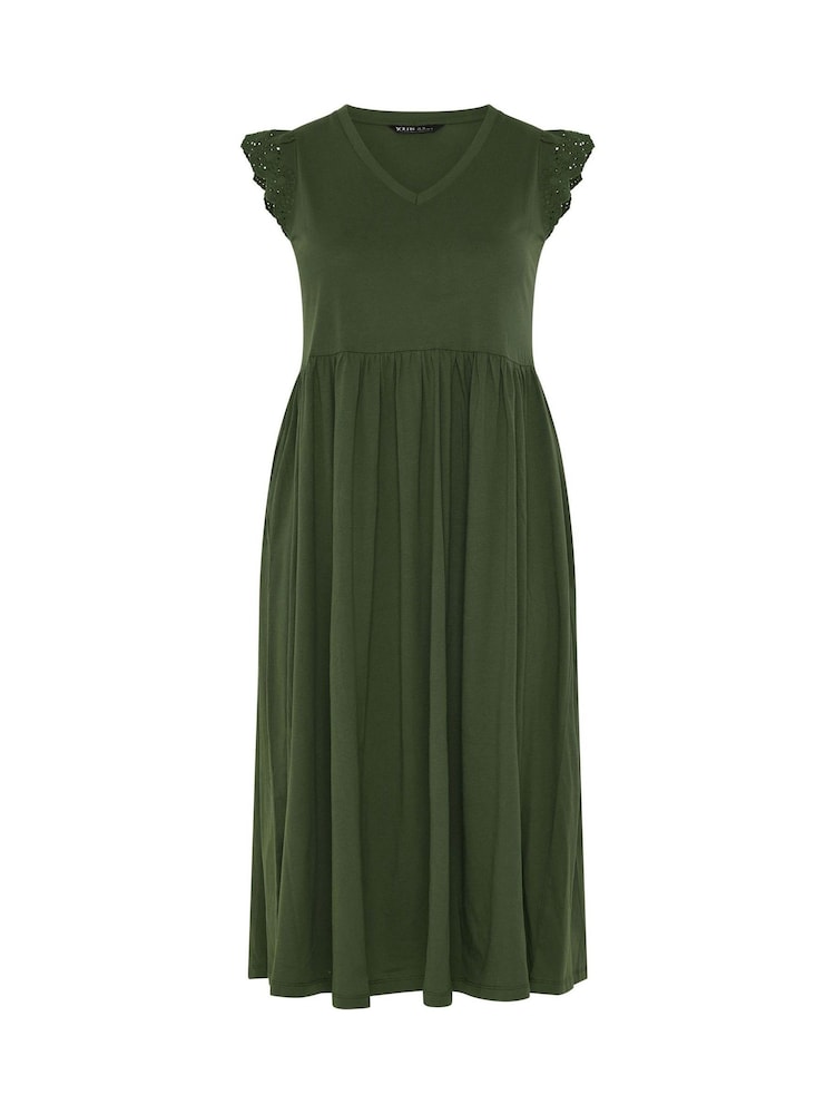 Yours Curve Green Broderie Sleeve Midaxi Dress - Image 5 of 5
