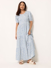 PixieGirl Petite Blue Ditsy Short Sleeve Tiered Maxi Dress - Image 1 of 5