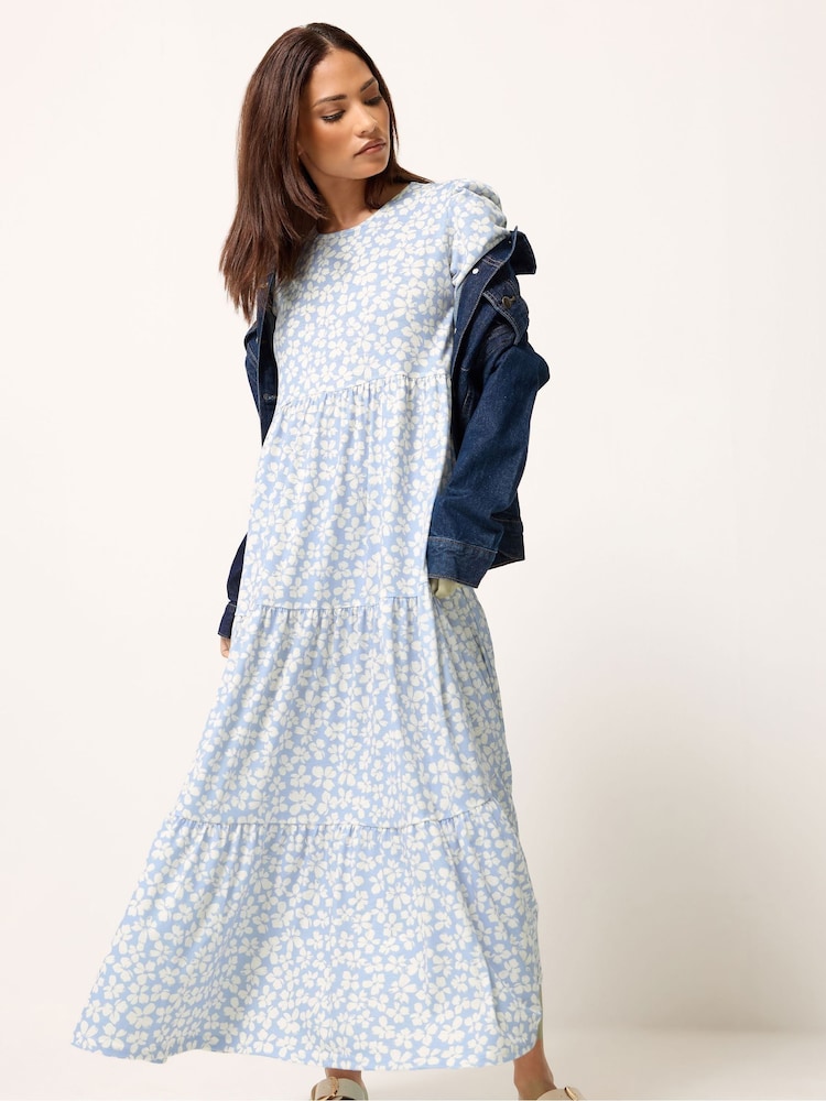 PixieGirl Petite Blue Ditsy Short Sleeve Tiered Maxi Dress - Image 2 of 5