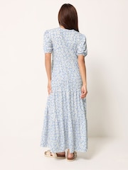 PixieGirl Petite Blue Ditsy Short Sleeve Tiered Maxi Dress - Image 3 of 5
