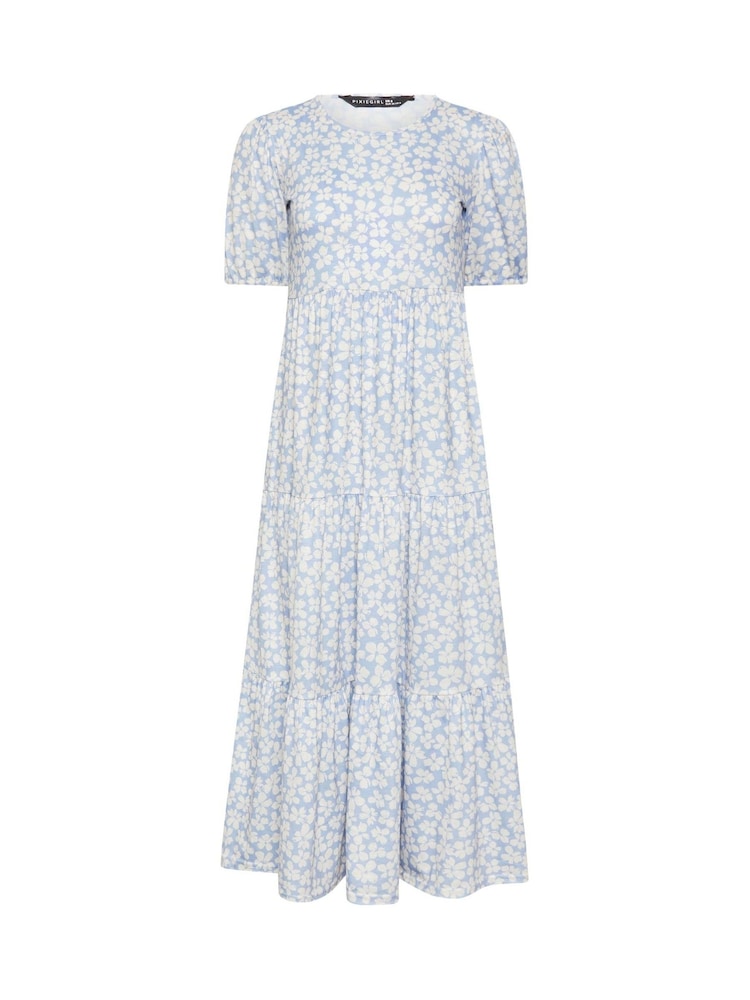 PixieGirl Petite Blue Ditsy Short Sleeve Tiered Maxi Dress - Image 5 of 5