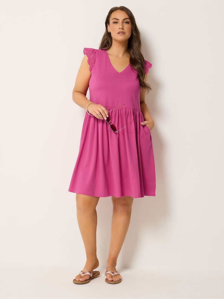 Yours Curve Pink Broderie Sleeve Short Dress - Image 2 of 4