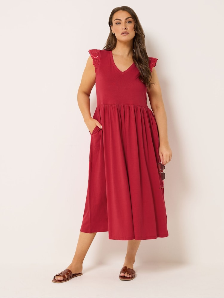 Yours Curve Red Broderie Sleeve Midaxi Dress - Image 1 of 5