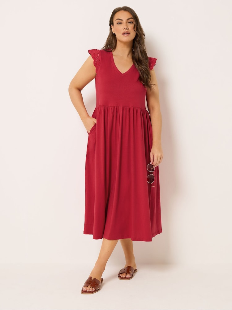 Yours Curve Red Broderie Sleeve Midaxi Dress - Image 2 of 5