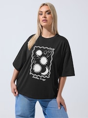 Yours Curve Black Limited Embroidered Sun Graphic T-Shirt - Image 1 of 1