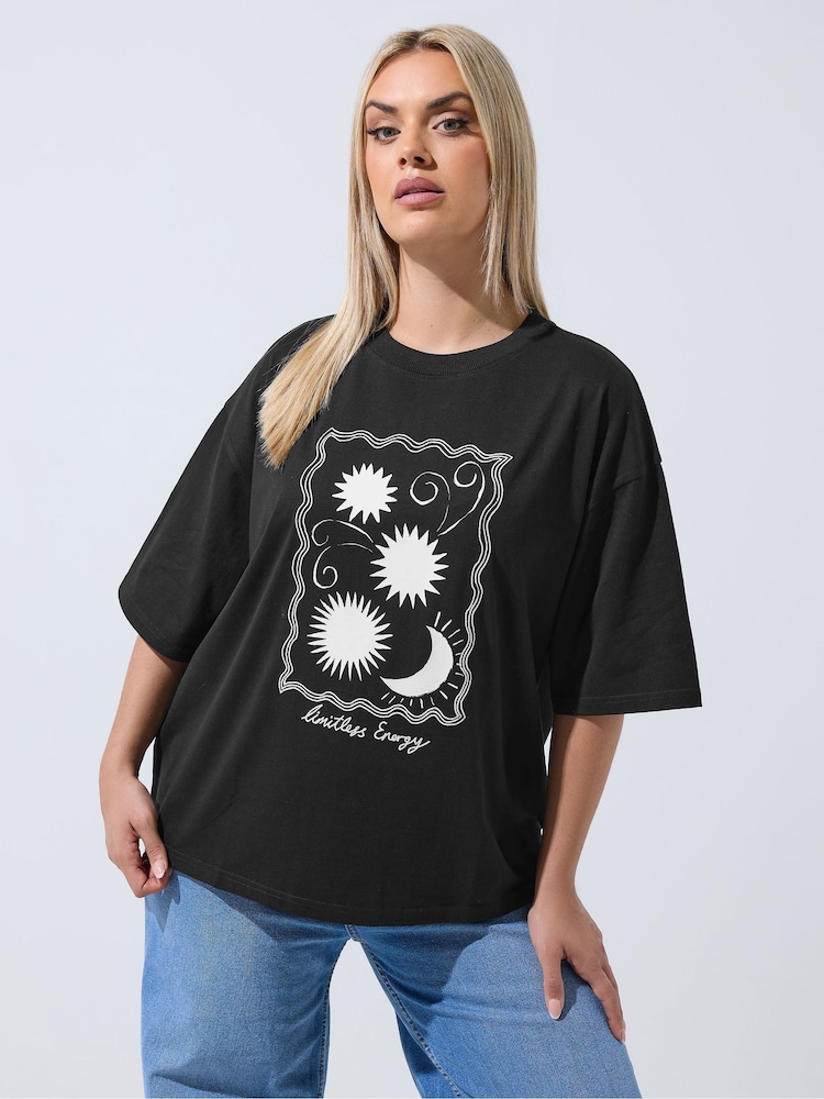 Yours Curve Black Limited Embroidered Sun Graphic T-Shirt - Image 1 of 1