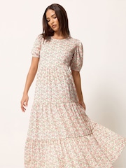 PixieGirl Petite Pink Ditsy Short Sleeve Tiered Maxi Dress - Image 1 of 5