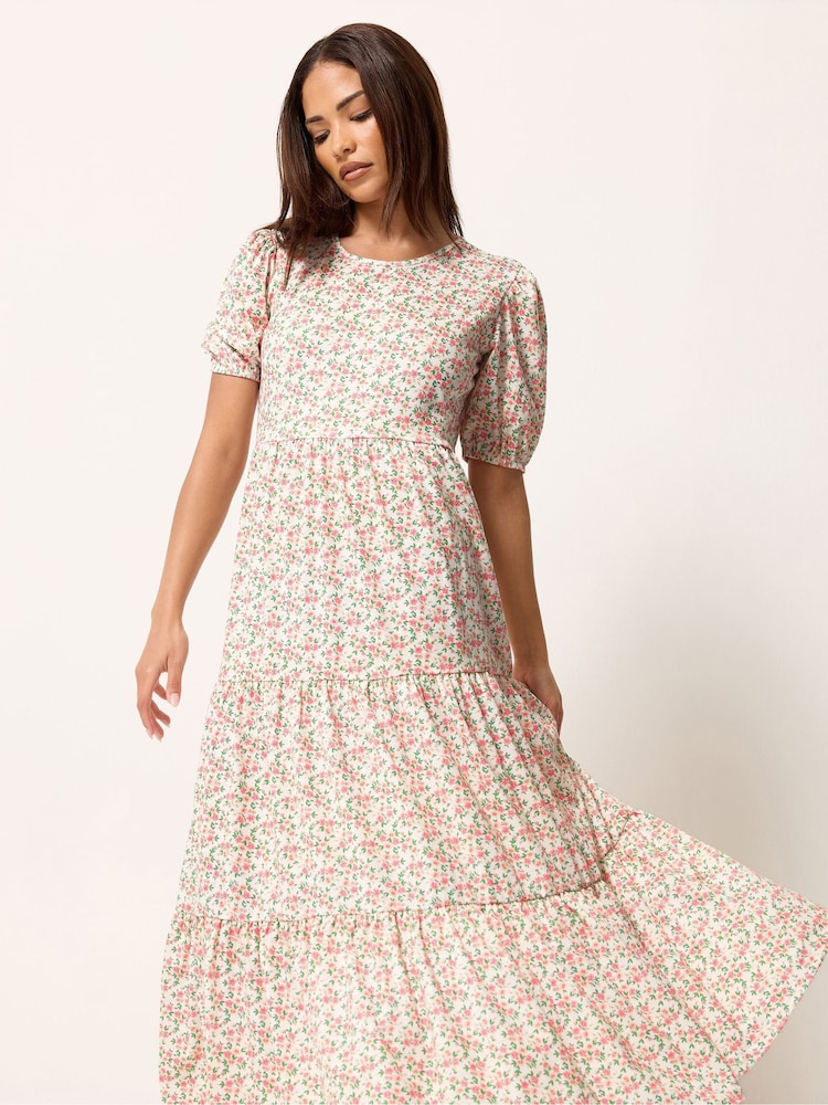 PixieGirl Petite Pink Ditsy Short Sleeve Tiered Maxi Dress - Image 1 of 5