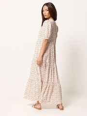 PixieGirl Petite Pink Ditsy Short Sleeve Tiered Maxi Dress - Image 3 of 5